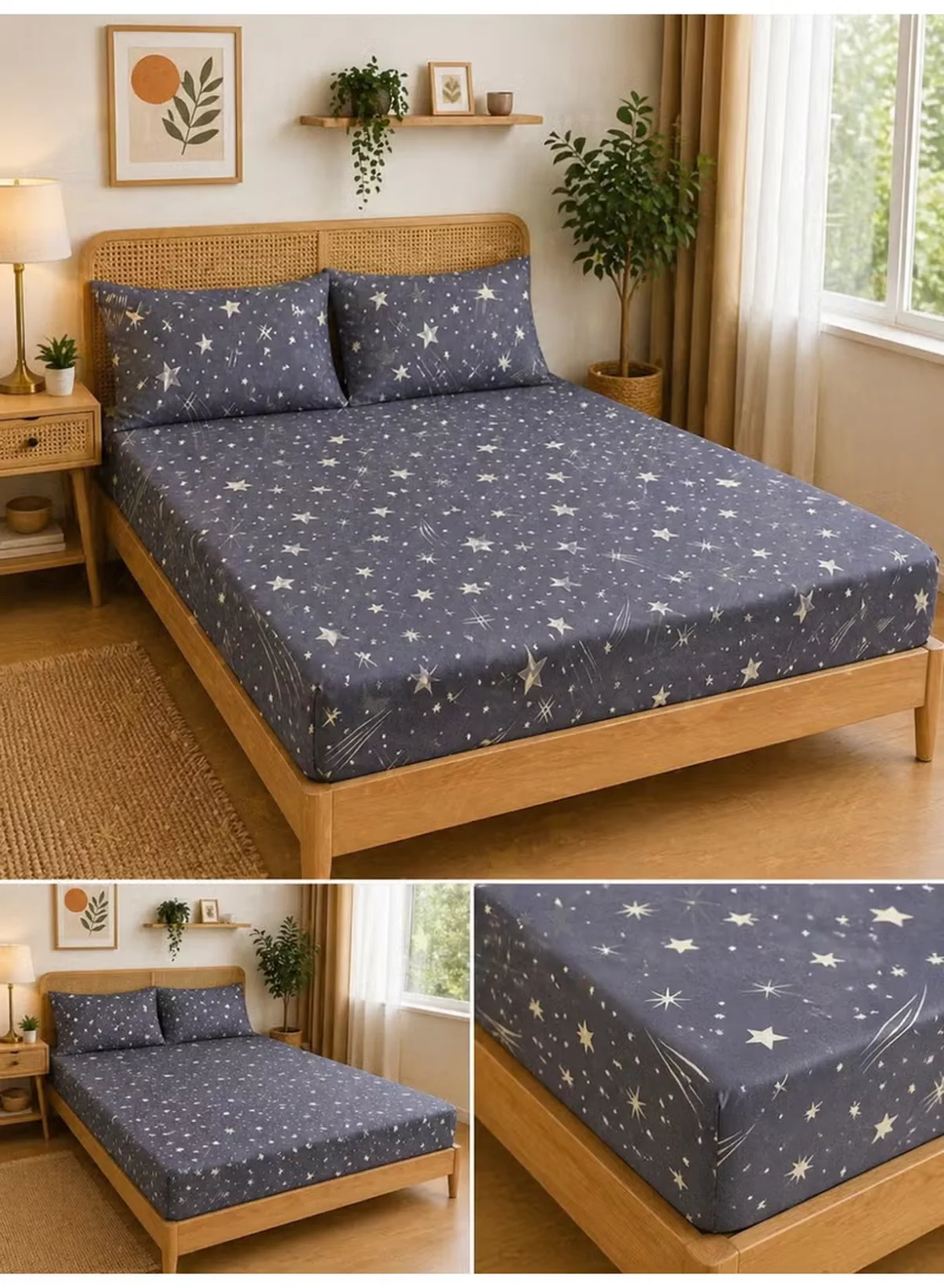 Eworld 3-Piece Fitted Bedsheet Set, Celestial Stars Pattern, 100% Cotton, 125 GSM, 1 Fitted Sheet + 2 Pillowcases – Available in King, Queen and Single Sizes-2-2