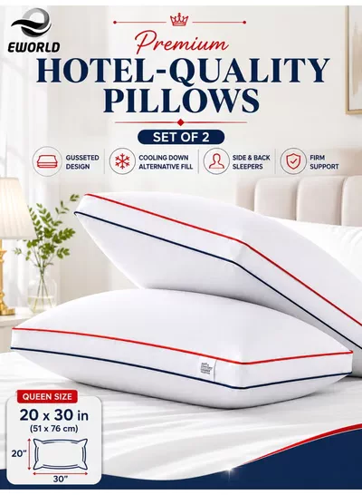 Eworld Set of 2 Premium Hotel Quality Pillows, Double Piping Gusseted Design, Firm & Supportive Bed Pillows, Cooling Down Alternative Fill, Soft & Fluffy Sleeping Pillows, 20 × 30 Inches-0