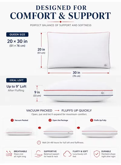 Eworld Set of 2 Premium Hotel Quality Pillows, Double Piping Gusseted Design, Firm & Supportive Bed Pillows, Cooling Down Alternative Fill, Soft & Fluffy Sleeping Pillows, 20 × 30 Inches-1