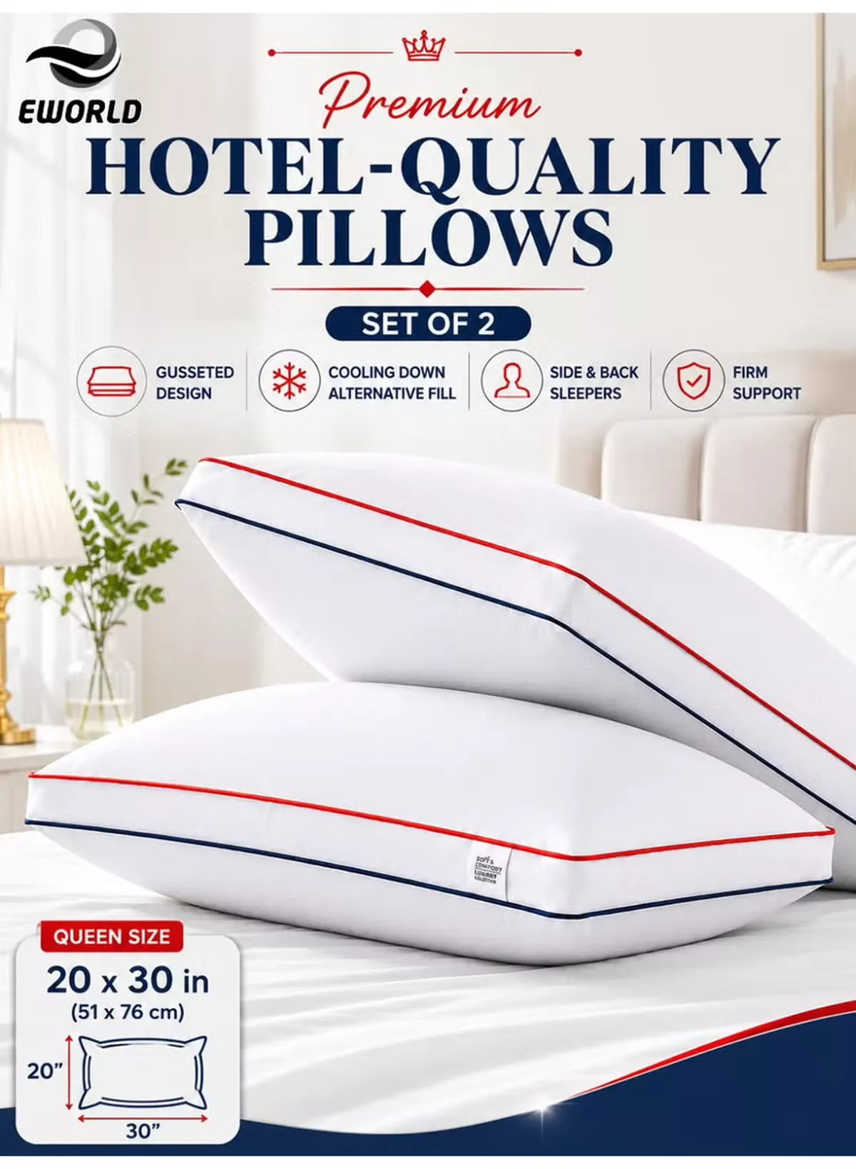 Eworld Set of 2 Premium Hotel Quality Pillows, Double Piping Gusseted Design, Firm & Supportive Bed Pillows, Cooling Down Alternative Fill, Soft & Fluffy Sleeping Pillows, 20 × 30 Inches