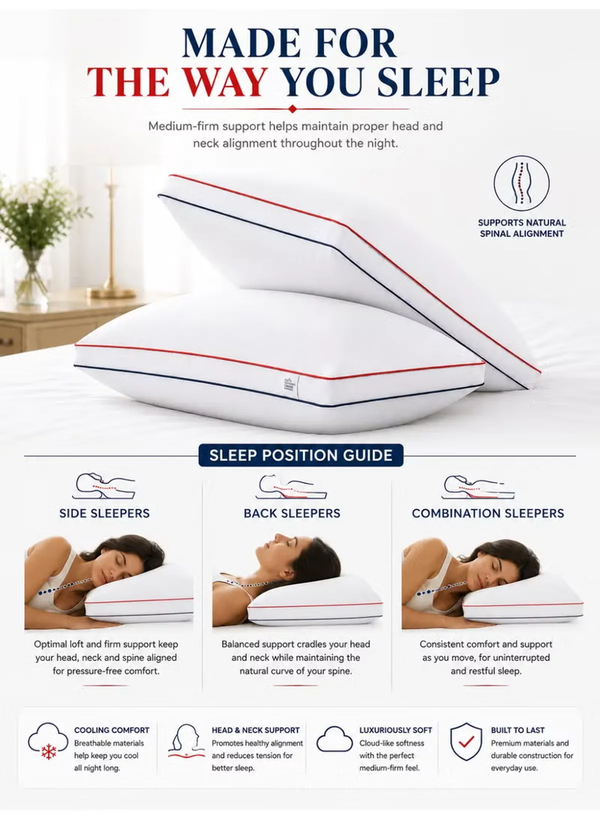 Eworld Set of 2 Premium Hotel Quality Pillows, Double Piping Gusseted Design, Firm & Supportive Bed Pillows, Cooling Down Alternative Fill, Soft & Fluffy Sleeping Pillows, 20 × 30 Inches-3-3