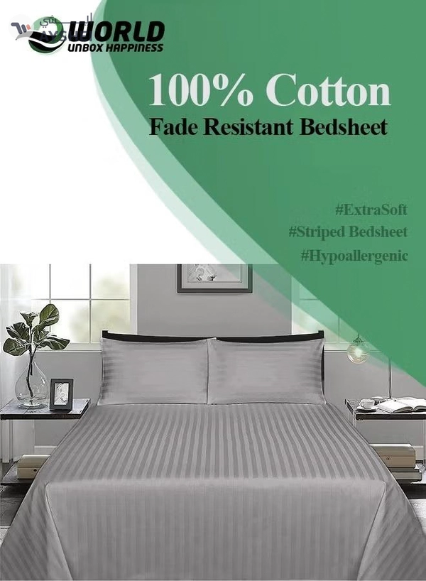 Eworld 3 Piece Luxury Grey Striped Bed Sheet Set with 1 Flat Sheet and 2 Pillowcases