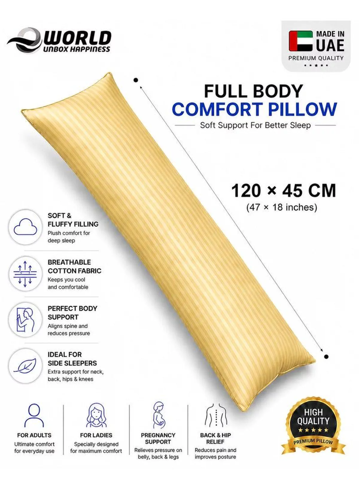 Premium Full Body Pillow for Adults, Ultra-Smooth Polyester Fiber, Breathable & Ideal for Side Sleepers, with Ultra-Soft Cotton Cover, Available in Multiple Colors, 120x45 cm