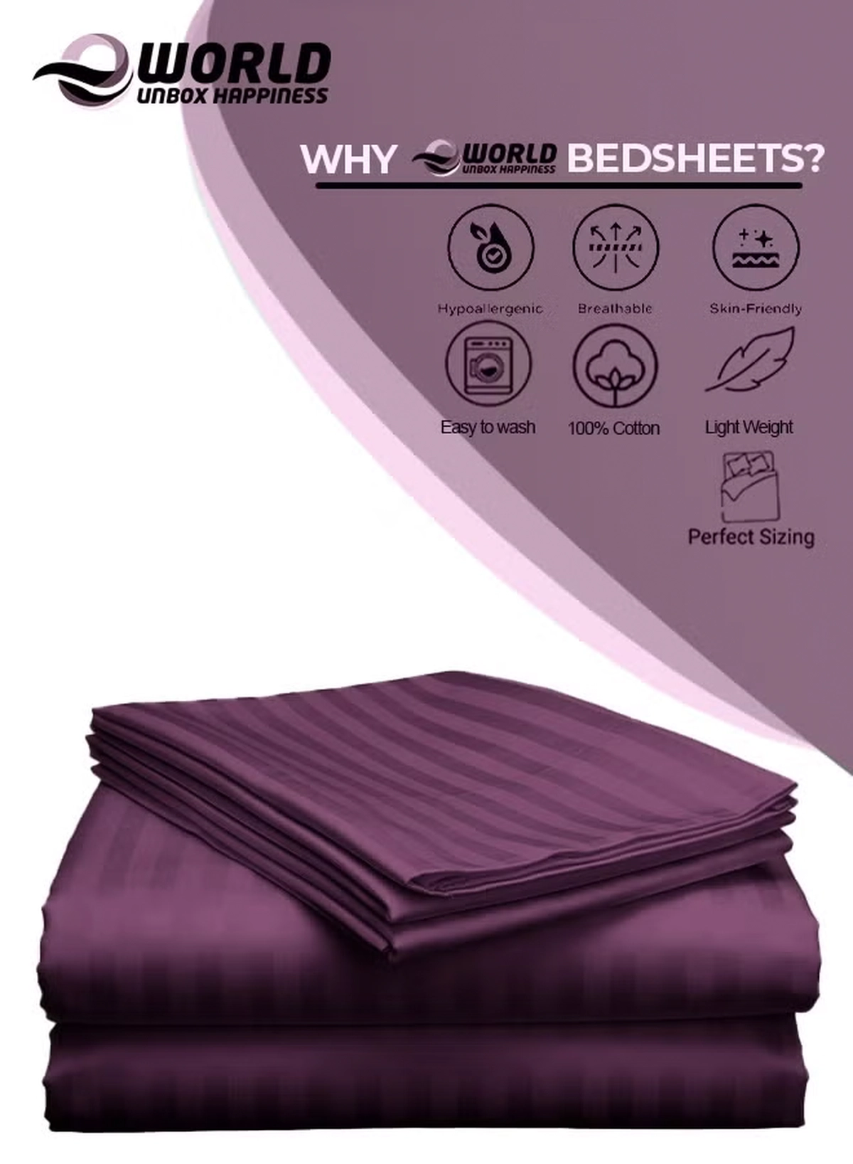 Eworld 3 Piece Luxury Purple Striped Bed Sheet Set with 1 Flat Sheet and 2 Pillowcases for Hotel and Home Crafted from Ultra Soft and Breathable Microfiber for Year-Round Comfort, (Single/Double)-2-2