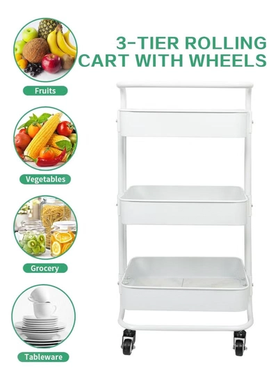 DubaiGallery Rolling Utility Cart 3-Tier Kitchen Metal Trolley Movable Storage Cart with Lockable Wheel and Handle Multifunction Heavy Duty Organizer-3