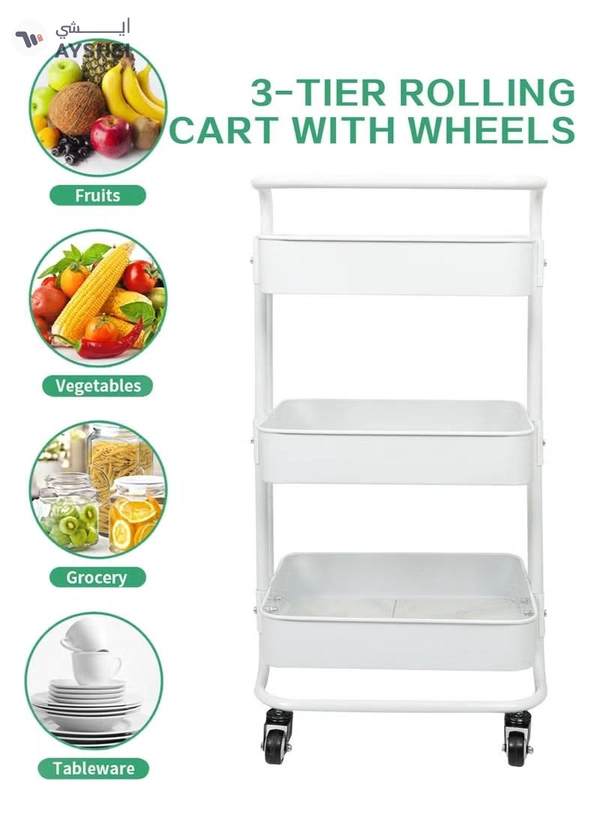 DubaiGallery Rolling Utility Cart 3-Tier Kitchen Metal Trolley Movable Storage Cart with Lockable Wheel and Handle Multifunction Heavy Duty Organizer