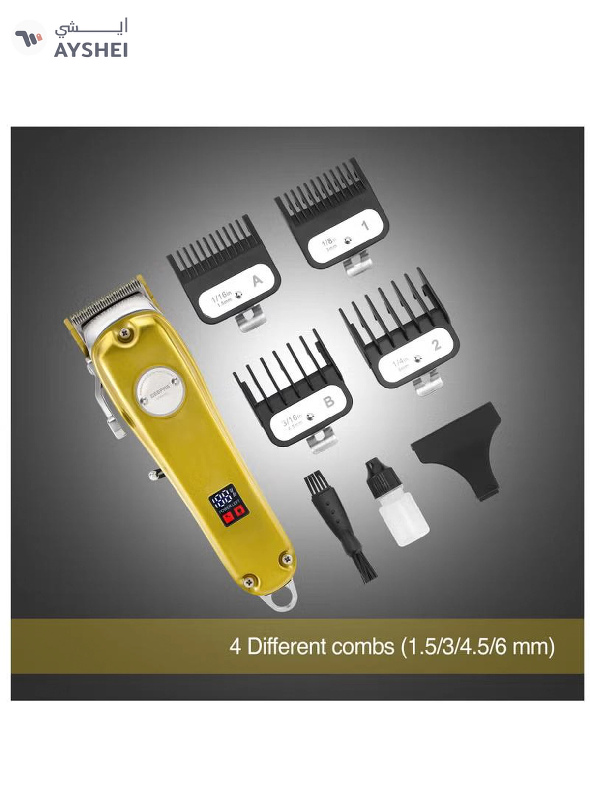 Geepas Professional Digital Hair Clipper / Trimmer GTR57502, Hair Clipper with High Capacity Li-ion Battery and Fast Charging, 4 Adjustable Cutting Blades and 4 Separate Combs| LCD Display,-6-6