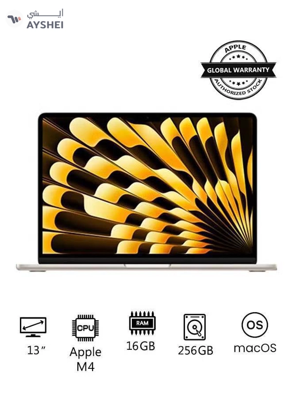 Apple New 2025 MacBook Air MW0Y3 13-Inch Display, Apple M4 Chip 10-Core CPU 8-Core GPU Processor/16GB RAM/256GB SSD/macOS English/Arabic Starlight