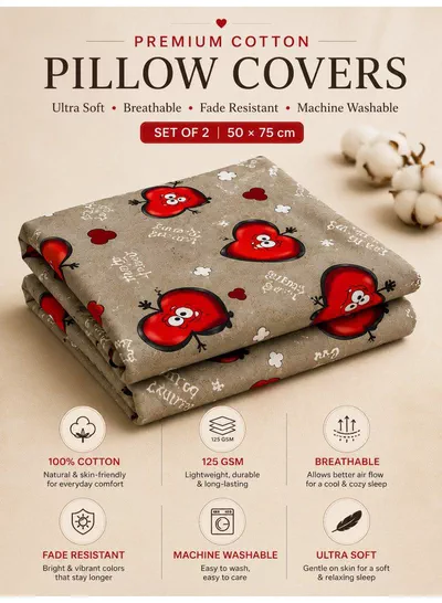 Set of 2 100% Cotton Printed Pillow Covers, Love Heart Emoji Print, 125 GSM Fabric, Soft & Breathable, Envelope Closure, Fade Resistant & Machine Washable – 50 x 75 cm-2