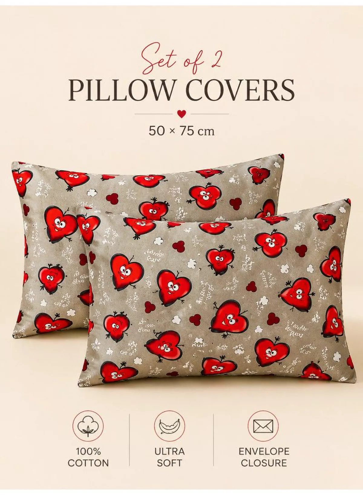 Set of 2 100% Cotton Printed Pillow Covers, Love Heart Emoji Print, 125 GSM Fabric, Soft & Breathable, Envelope Closure, Fade Resistant & Machine Washable – 50 x 75 cm