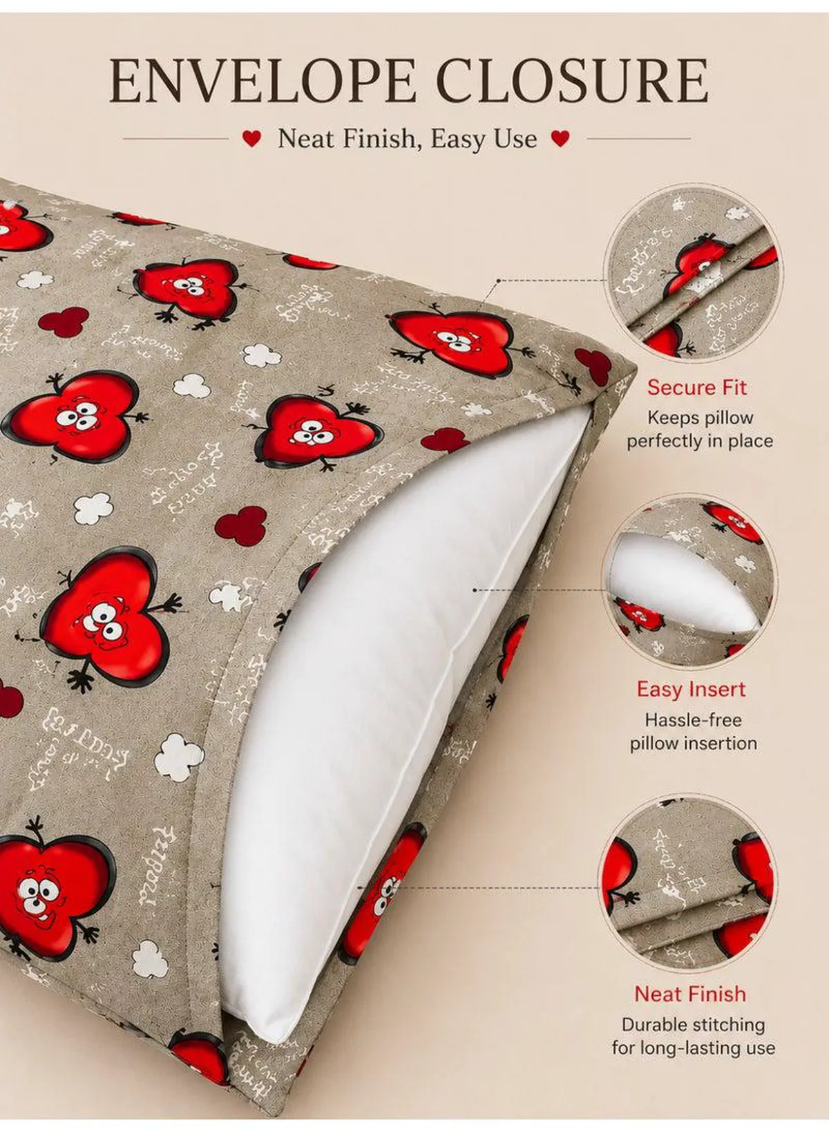 Set of 2 100% Cotton Printed Pillow Covers, Love Heart Emoji Print, 125 GSM Fabric, Soft & Breathable, Envelope Closure, Fade Resistant & Machine Washable – 50 x 75 cm-1-1