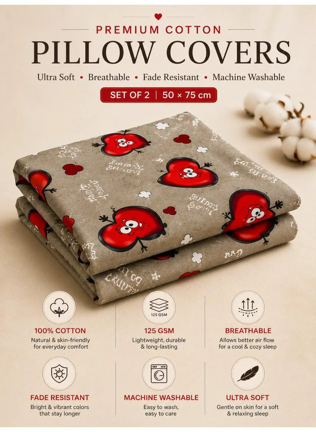 Set of 2 100% Cotton Printed Pillow Covers, Love Heart Emoji Print, 125 GSM Fabric, Soft & Breathable, Envelope Closure, Fade Resistant & Machine Washable – 50 x 75 cm-2-2