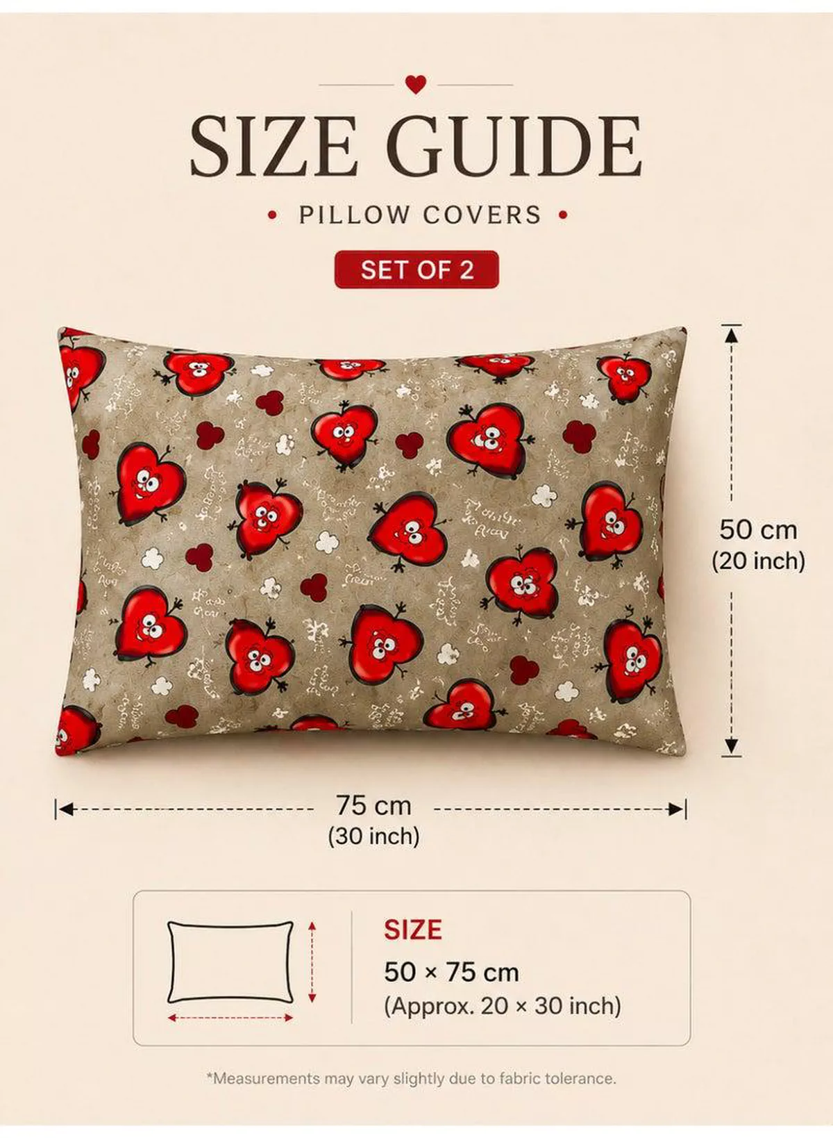 Set of 2 100% Cotton Printed Pillow Covers, Love Heart Emoji Print, 125 GSM Fabric, Soft & Breathable, Envelope Closure, Fade Resistant & Machine Washable – 50 x 75 cm-3-3