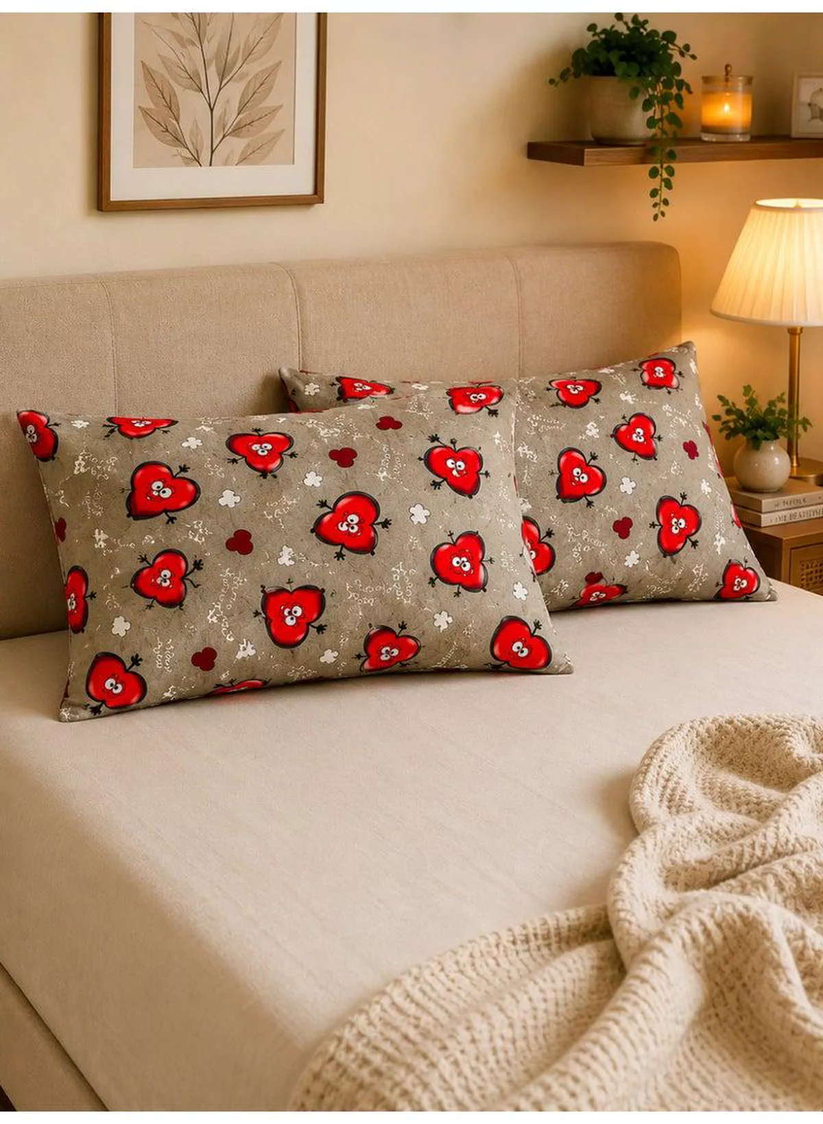 Set of 2 100% Cotton Printed Pillow Covers, Love Heart Emoji Print, 125 GSM Fabric, Soft & Breathable, Envelope Closure, Fade Resistant & Machine Washable – 50 x 75 cm-4-4