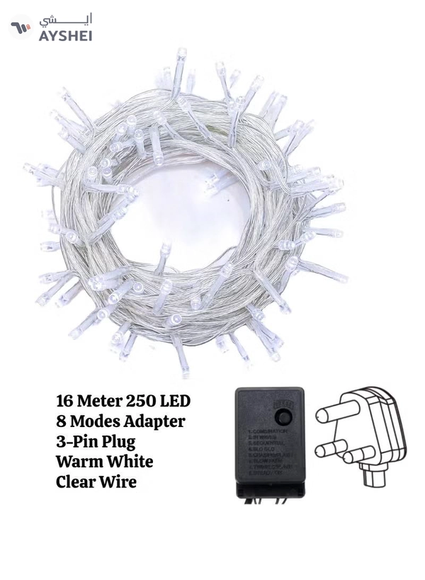 Yuwell 16 Meter 250 LED String Lights Decoration Lights Warm White Light 8 Modes Led Light Clear Wire For Home Decorations Ramadan Lights Indoor & Outdoor Decoration Ramadan Decoration Light Diwali Lights Curtain Lights With 3-Pin UK Plug