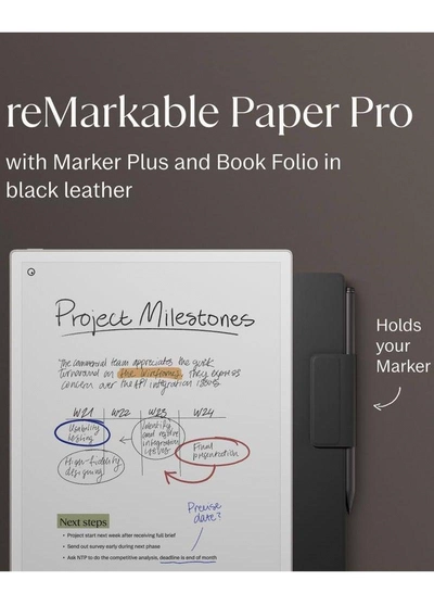 reMarkable Paper Pro Tablet 11.8-inch & Marker Plus Pen with Eraser and a Book Folio Cover in Black Leather-3
