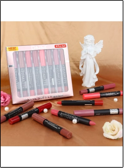 DNM 8Pcs Nude Pink Beige Ruby Rose Red Brown Mauve Matte Lipstick and Lip Crayon -0