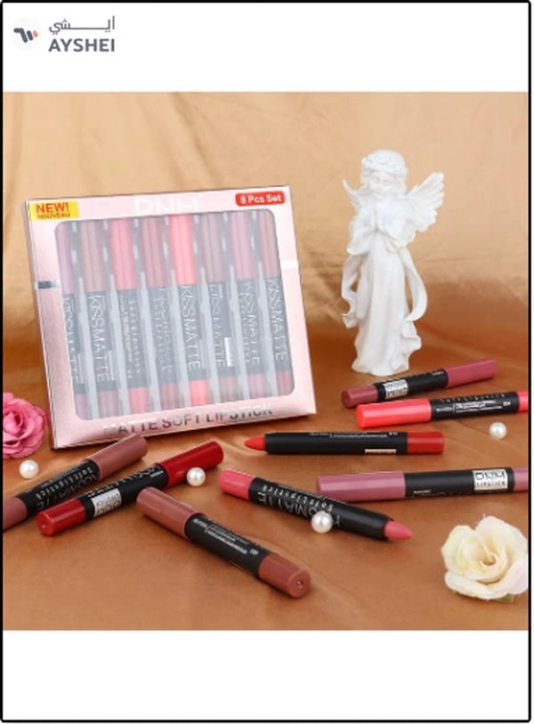 DNM 8Pcs Nude Pink Beige Ruby Rose Red Brown Mauve Matte Lipstick and Lip Crayon 
