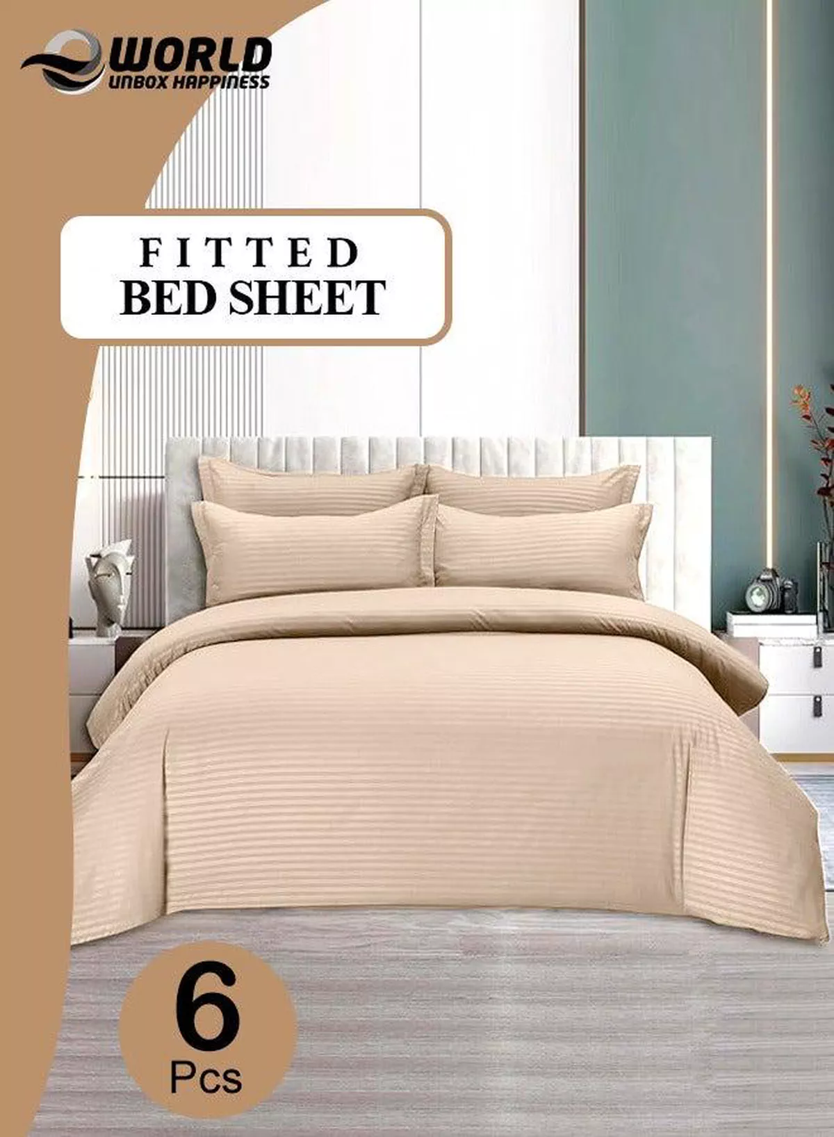 6-Piece Premium King Size Bedding Set, Cream Striped Design and High Quality Microfiber Hotel Luxury Bedsheet Soft Quilt Cover and Pillowcases