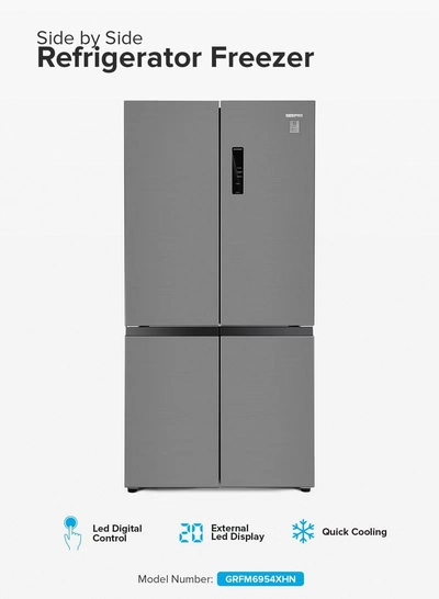 GEEPAS 600L Gross/ 429L Net Capacity| No Frost Multi Door Refrigerator Freezer | Freezer or Fridge Conversion| Multi-Airflow with Interior Light and Unbreakable Glass Shelves| Large Space and Inverter Compressor with Smart Cooling| LED Digital Control GRFM6954XHN 180 W GRFM6954XHN Metallic Grey-0