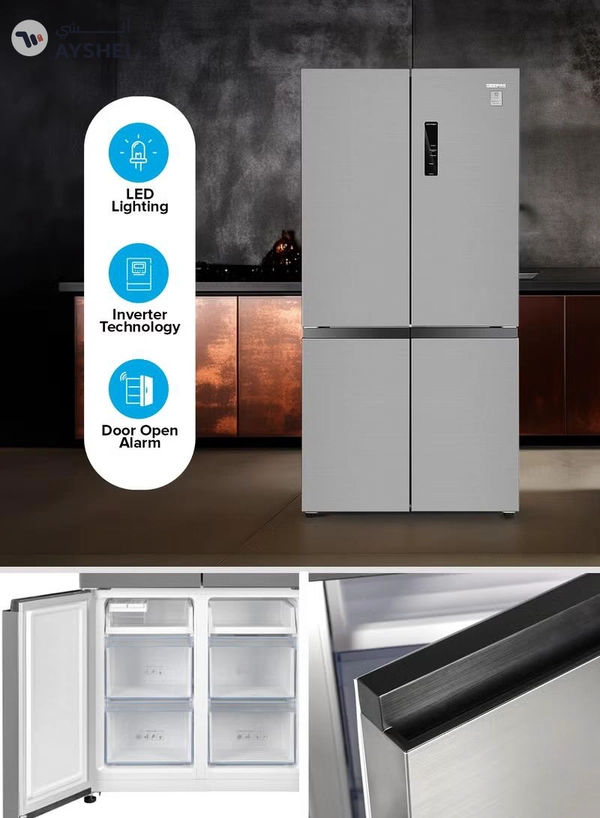 GEEPAS 600L Gross/ 429L Net Capacity| No Frost Multi Door Refrigerator Freezer | Freezer or Fridge Conversion| Multi-Airflow with Interior Light and Unbreakable Glass Shelves| Large Space and Inverter Compressor with Smart Cooling| LED Digital Control GRFM6954XHN 180 W GRFM6954XHN Metallic Grey