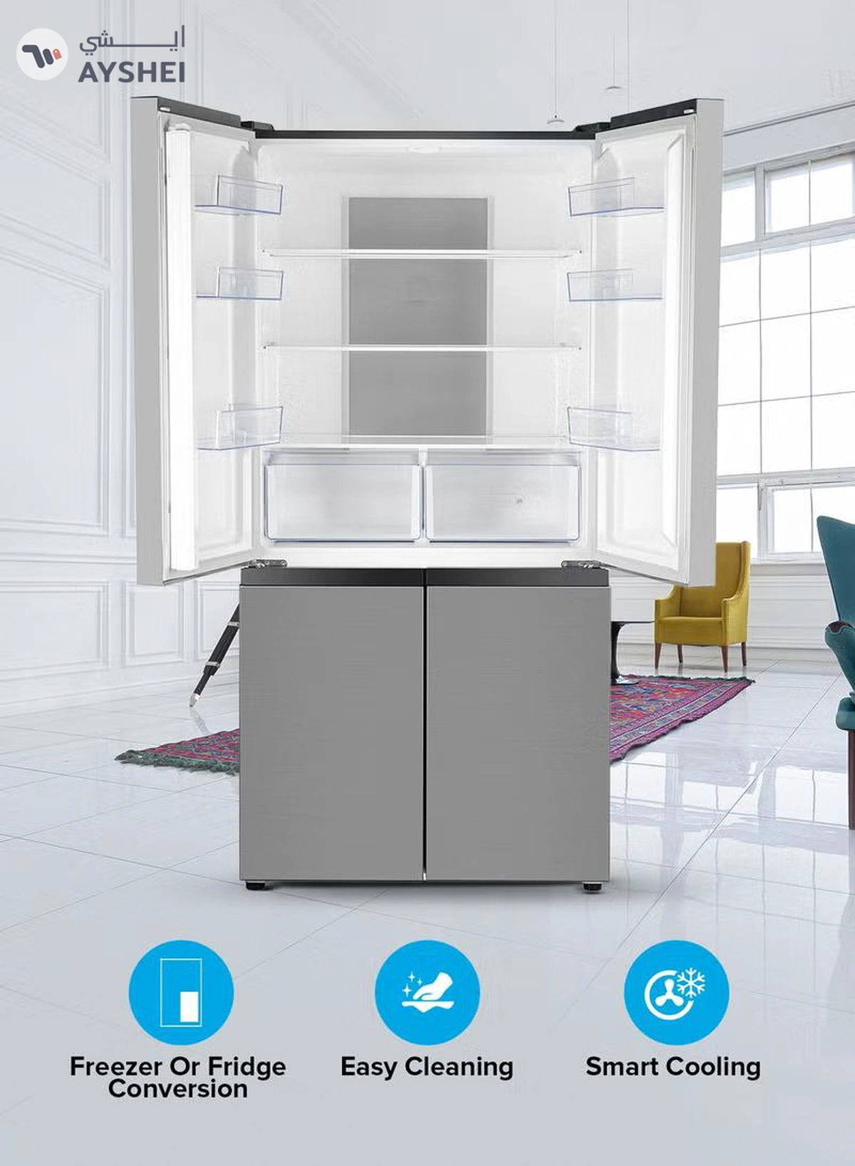 GEEPAS 600L Gross/ 429L Net Capacity| No Frost Multi Door Refrigerator Freezer | Freezer or Fridge Conversion| Multi-Airflow with Interior Light and Unbreakable Glass Shelves| Large Space and Inverter Compressor with Smart Cooling| LED Digital Control GRFM6954XHN 180 W GRFM6954XHN Metallic Grey-2-2