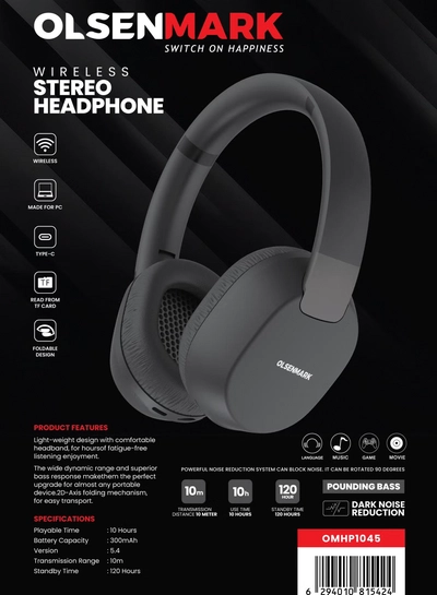 Olsenmark Wireless Stereo Headphone OMHP1045, 10 Hours Playback Time, 5.4 Version, 10 Meter Transmission Range Type-C Charging, Foldable Design, Lightweight, Black-1
