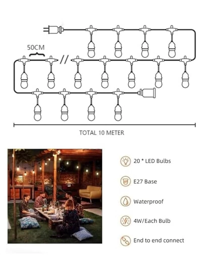 Yuwell Outdoor Waterproof IP65 Led String Lights E27 Holder 10 Meter Bulb Holder Wire With 20 Bulbs 4W G45 Amber With EU Plug Solar Bulb Holder For Ramadan Decoration Lights And Outdoor Decoration Light Hanging Light String Wire Ramadan Light For Commercial Patio Garden & Porch Yard-3