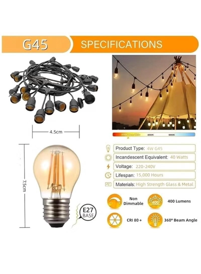 Yuwell Outdoor Waterproof IP65 Led String Lights E27 Holder 10 Meter Bulb Holder Wire With 20 Bulbs 4W G45 Amber With EU Plug Solar Bulb Holder For Ramadan Decoration Lights And Outdoor Decoration Light Hanging Light String Wire Ramadan Light For Commercial Patio Garden & Porch Yard-4