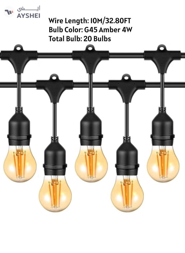 Yuwell Outdoor Waterproof IP65 Led String Lights E27 Holder 10 Meter Bulb Holder Wire With 20 Bulbs 4W G45 Amber With EU Plug Solar Bulb Holder For Ramadan Decoration Lights And Outdoor Decoration Light Hanging Light String Wire Ramadan Light For Commercial Patio Garden & Porch Yard