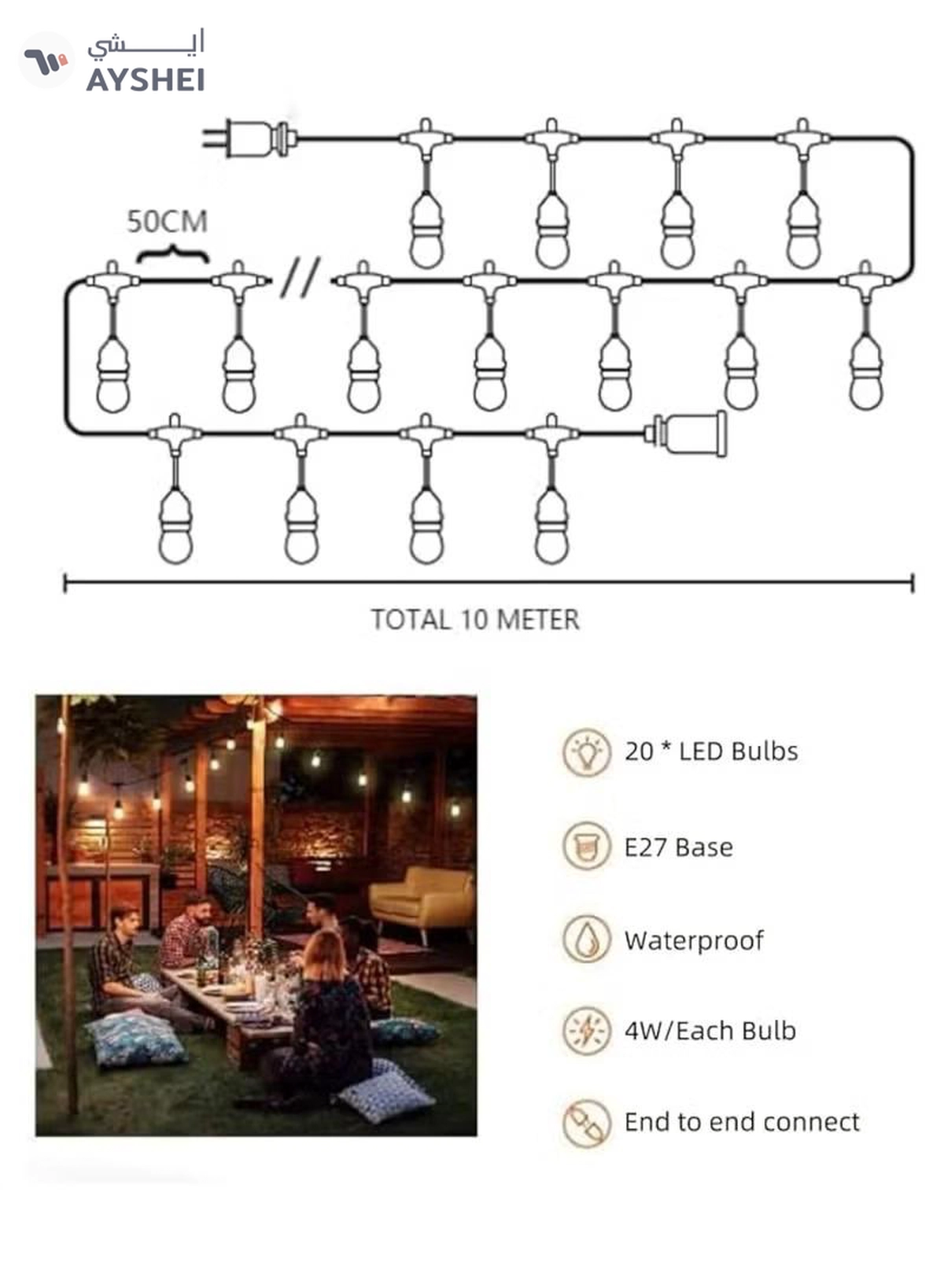 Yuwell Outdoor Waterproof IP65 Led String Lights E27 Holder 10 Meter Bulb Holder Wire With 20 Bulbs 4W G45 Amber With EU Plug Solar Bulb Holder For Ramadan Decoration Lights And Outdoor Decoration Light Hanging Light String Wire Ramadan Light For Commercial Patio Garden & Porch Yard-3-3