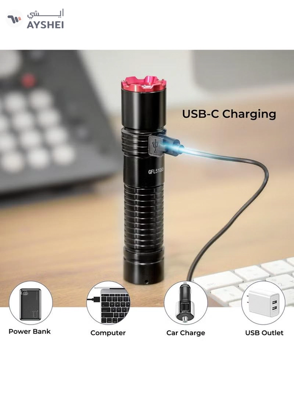 GEEPAS Pocket Size Rechargeable Led Flashlight 20 W| Type C Charging, Waterproof IPX5 |Aircraft Aluminum Body, 4000 mAH High Capacity Lithium Battery | GFL51065