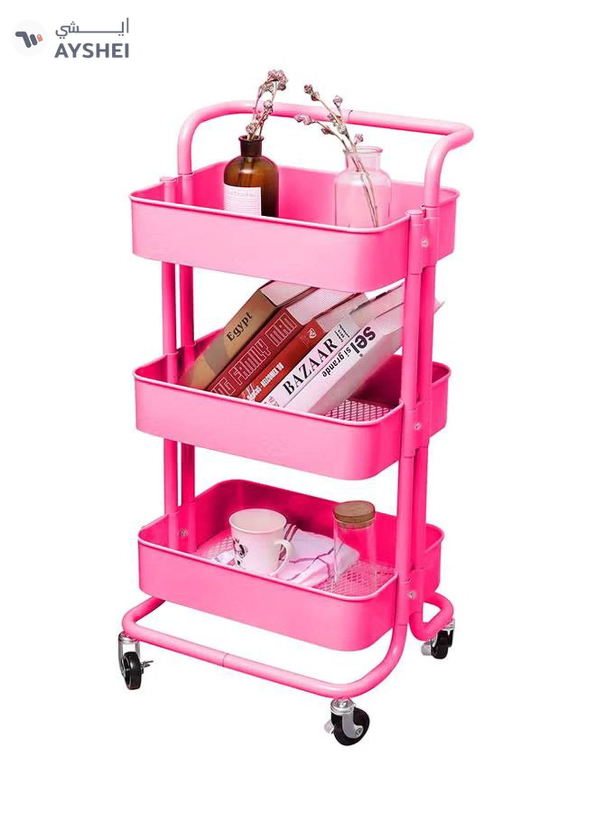 Roman Gifts 3 Tier Trolley Storage Cart With Wheels Pink 43.5x33x87cm-1-1