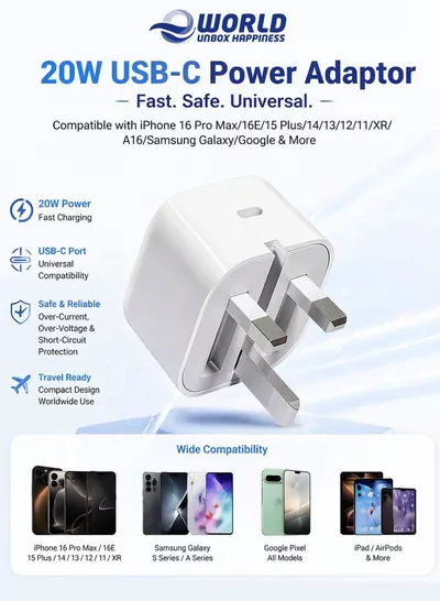 20W USB-C Fast Charger UK Plug Type-C Power Adapter for iPhone 17 16 15 Pro Max Plus iPad Samsung Galaxy Google Folding Travel Wall Charger (White)-0