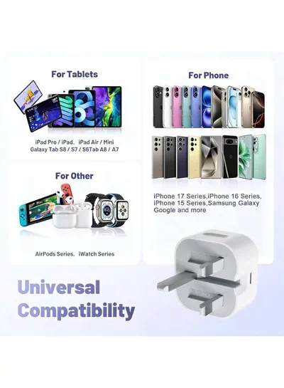 20W USB-C Fast Charger UK Plug Type-C Power Adapter for iPhone 17 16 15 Pro Max Plus iPad Samsung Galaxy Google Folding Travel Wall Charger (White)-4