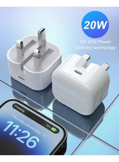 20W USB-C Fast Charger UK Plug Type-C Power Adapter for iPhone 17 16 15 Pro Max Plus iPad Samsung Galaxy Google Folding Travel Wall Charger (White)-5
