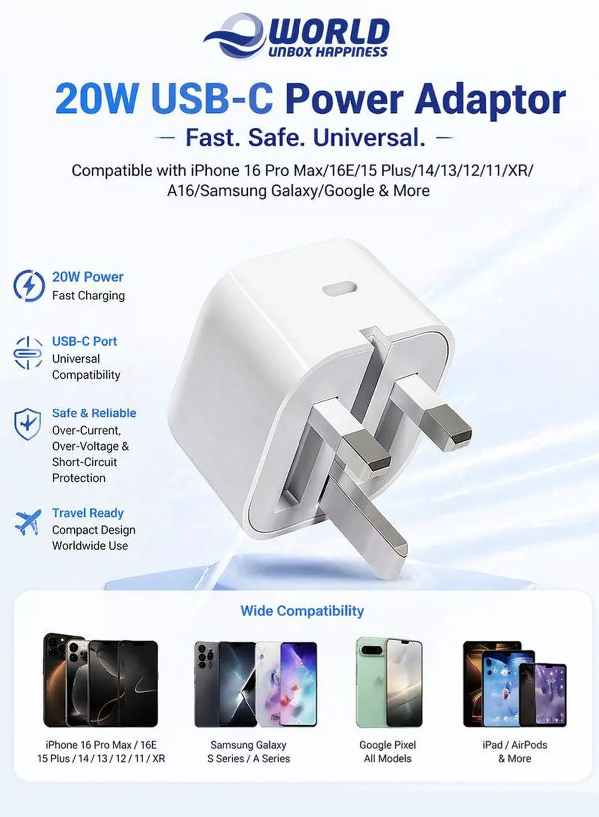 20W USB-C Fast Charger UK Plug Type-C Power Adapter for iPhone 17 16 15 Pro Max Plus iPad Samsung Galaxy Google Folding Travel Wall Charger (White)