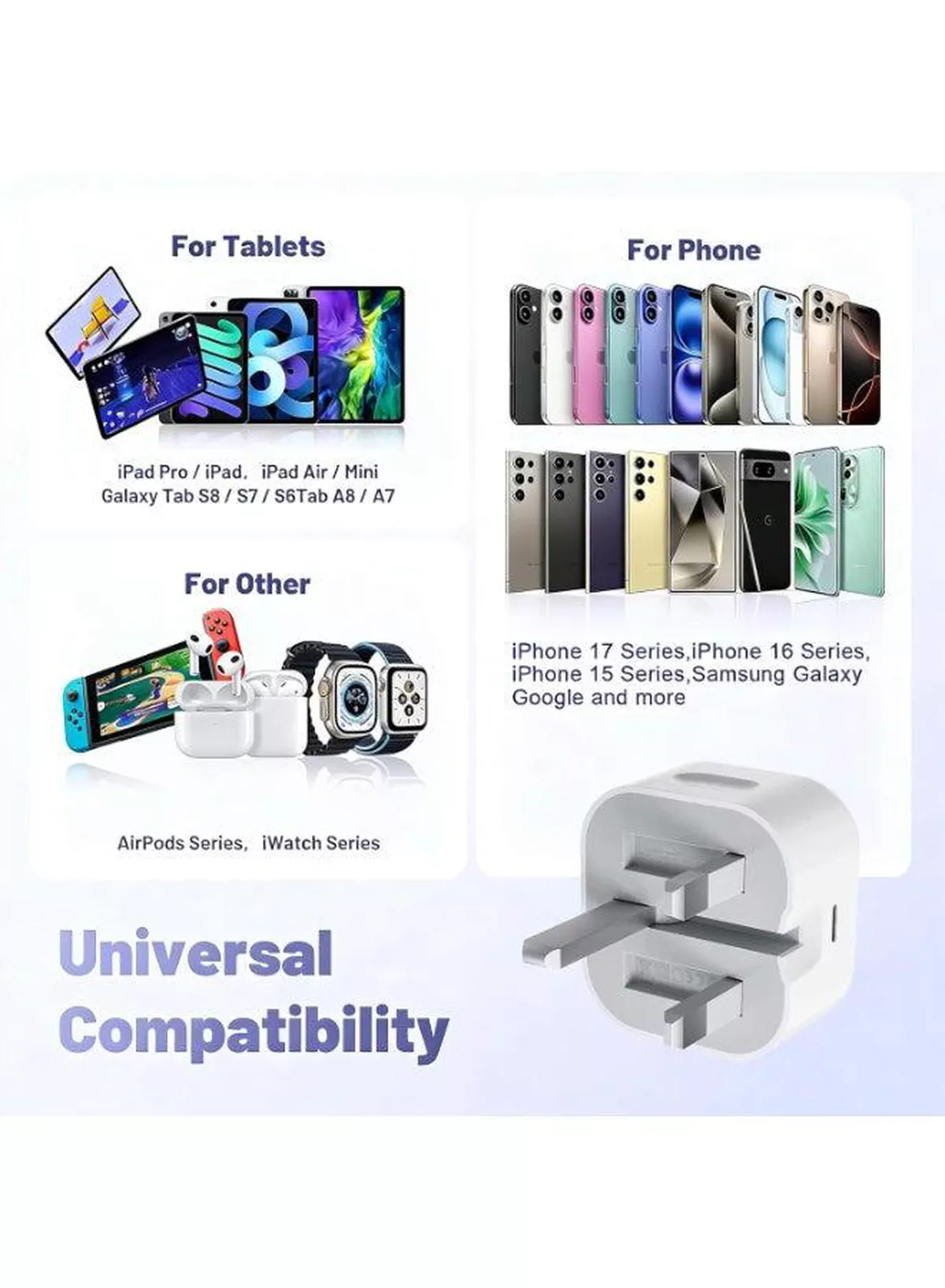 20W USB-C Fast Charger UK Plug Type-C Power Adapter for iPhone 17 16 15 Pro Max Plus iPad Samsung Galaxy Google Folding Travel Wall Charger (White)-4-4