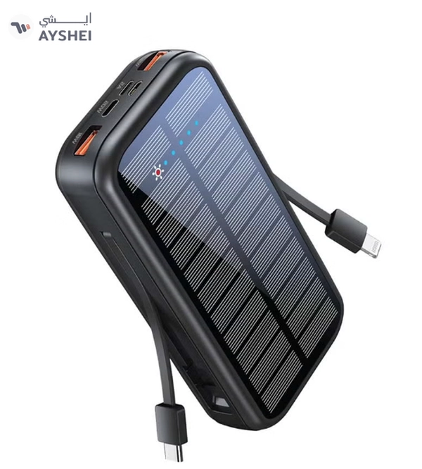 PROMATE 20000mAh EcoLight Solar Power Bank with Built-in USB-C & Lightning Cables Black
