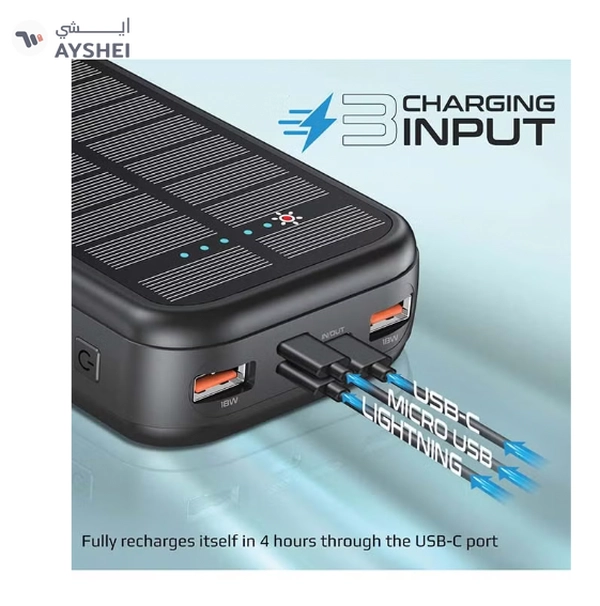 PROMATE 20000mAh EcoLight Solar Power Bank with Built-in USB-C & Lightning Cables Black