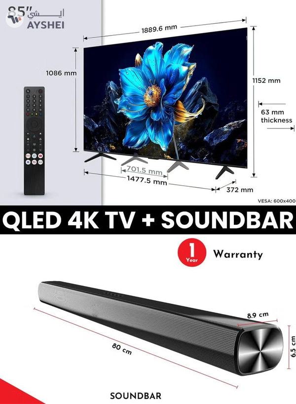 TCL 85-Inch P7K QLED 4K Smart TV + 2.0 Channel Premium Soundbar | [Google TV, AiPQ Processor, 60Hz, HDR10+, MEMC, Slim Uni-body] + [HDMI (ARC), USB, Bluetooth, FM Station, Aux] - (2025 Model) 85P7K+SOUNDBAR Black