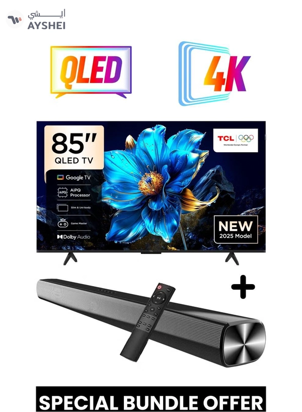 TCL 85-Inch P7K QLED 4K Smart TV + 2.0 Channel Premium Soundbar | [Google TV, AiPQ Processor, 60Hz, HDR10+, MEMC, Slim Uni-body] + [HDMI (ARC), USB, Bluetooth, FM Station, Aux] - (2025 Model) 85P7K+SOUNDBAR Black