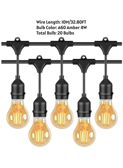 Yuwell Outdoor Waterproof IP65 Led String Lights E27 Holder 10 Meter Bulb Holder Wire With 20 Bulbs 4W A60 Amber With EU Plug Solar Bulb Holder For Ramadan Decoration Lights And Outdoor Decoration Light Hanging Light 6000mAh & USB-C, String Lights With Remote Control And 8 Modes Ramadan Light With Cable Ties-6
