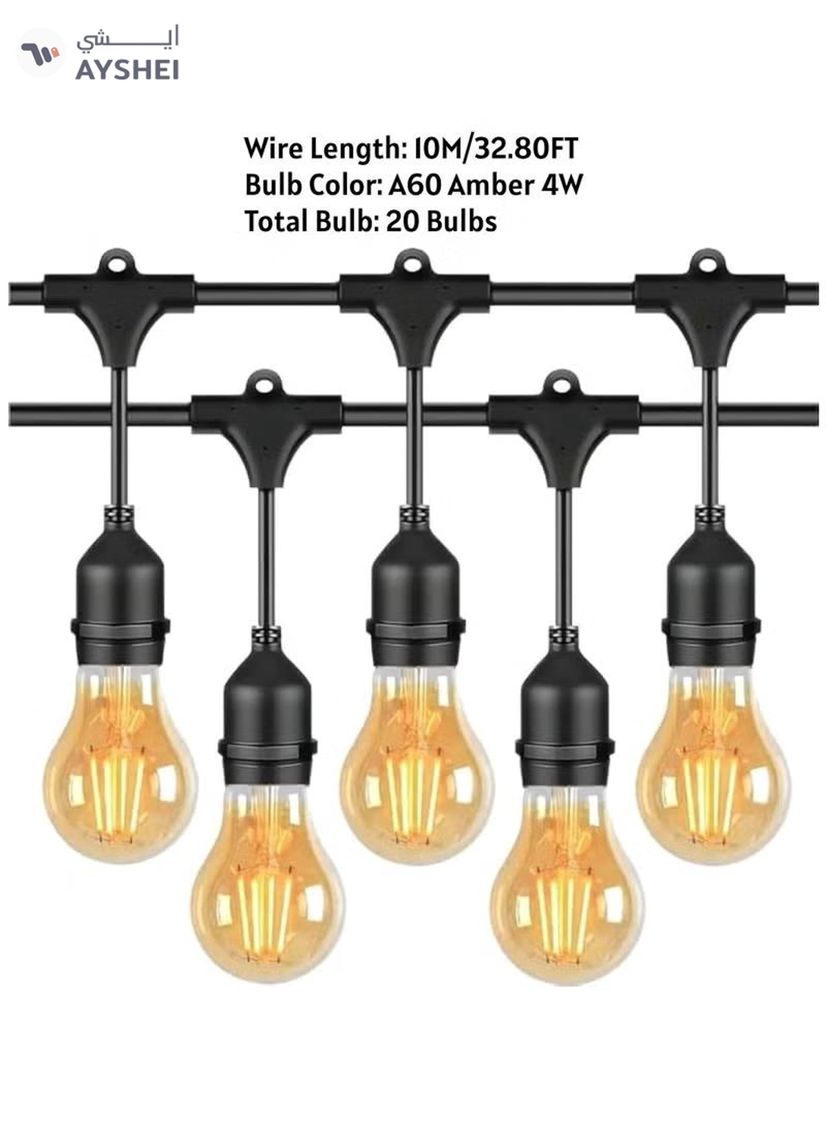 Yuwell Outdoor Waterproof IP65 Led String Lights E27 Holder 10 Meter Bulb Holder Wire With 20 Bulbs 4W A60 Amber With EU Plug Solar Bulb Holder For Ramadan Decoration Lights And Outdoor Decoration Light Hanging Light 6000mAh & USB-C, String Lights With Remote Control And 8 Modes Ramadan Light With Cable Ties-6-6