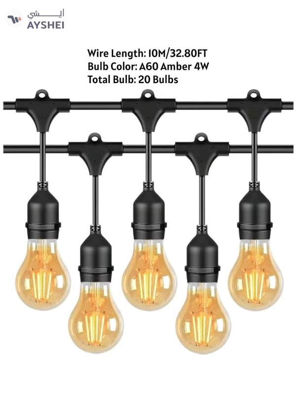 Yuwell Outdoor Waterproof IP65 Led String Lights E27 Holder 10 Meter Bulb Holder Wire With 20 Bulbs 4W A60 Amber With EU Plug Solar Bulb Holder For Ramadan Decoration Lights And Outdoor Decoration Light Hanging Light 6000mAh & USB-C, String Lights With Remote Control And 8 Modes Ramadan Light With Cable Ties