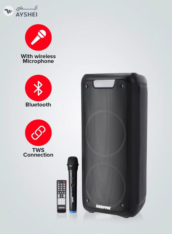 GEEPAS Rechargeable Professional Speaker 40000W PMPO With Wireless Microphone And Remote Control