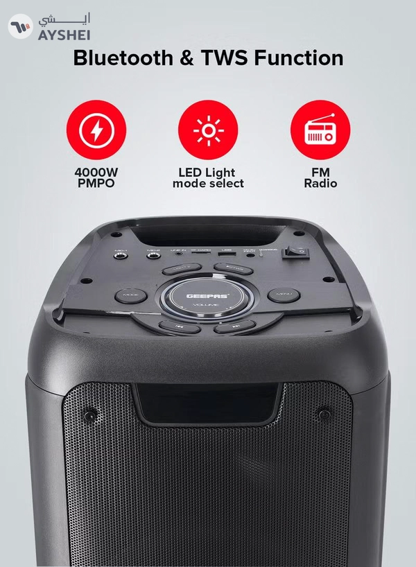 GEEPAS Rechargeable Professional Speaker 40000W PMPO With Wireless Microphone And Remote Control