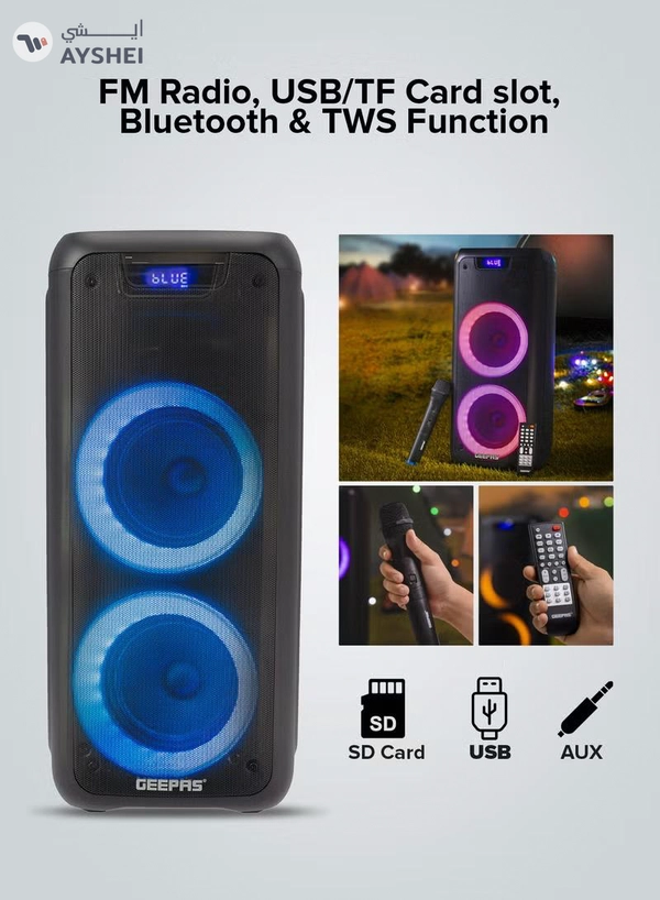 GEEPAS Rechargeable Professional Speaker 40000W PMPO With Wireless Microphone And Remote Control