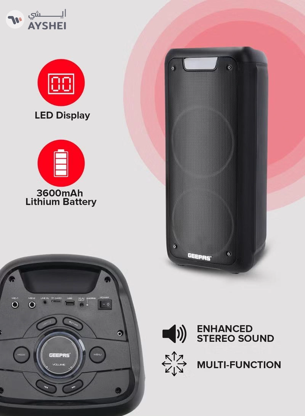 GEEPAS Rechargeable Professional Speaker 40000W PMPO With Wireless Microphone And Remote Control