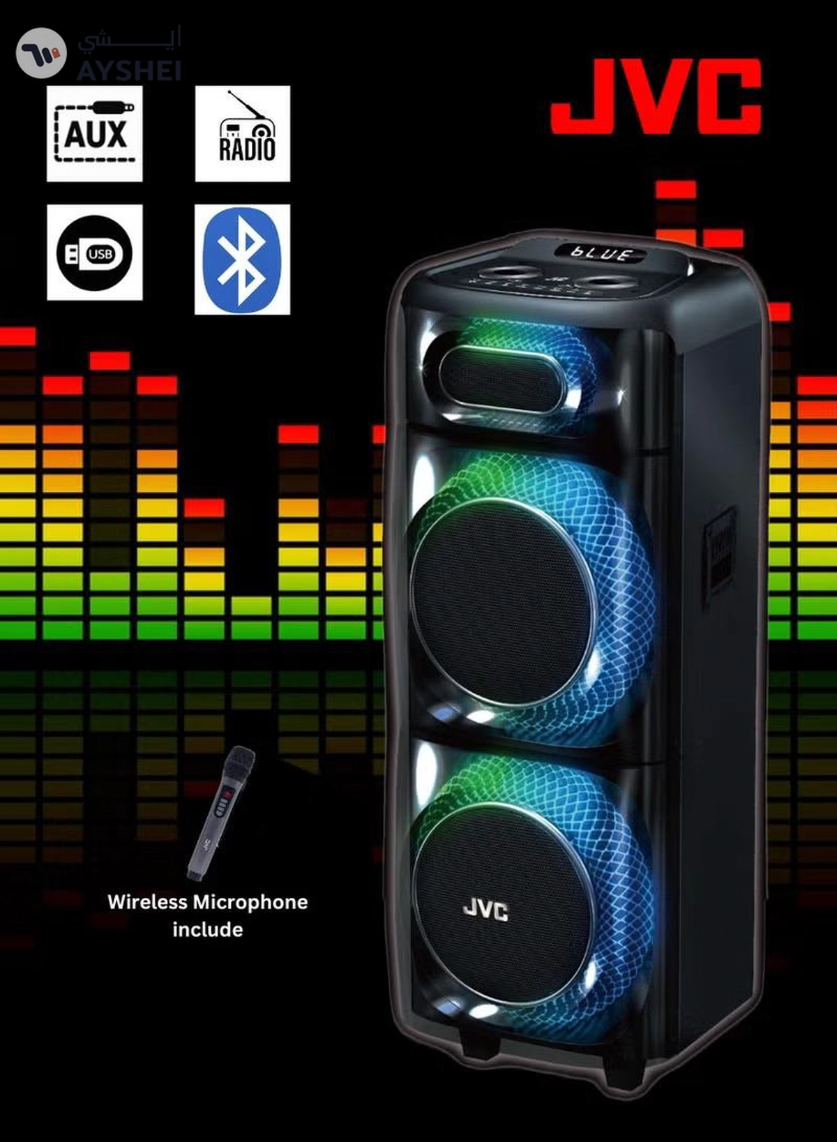 JVC Portable Bluetooth Party Speaker /2000W PMPO Output/ 10"*2 Speaker/8000 mAh Power Battery with Wireless Microphone and Remote control-XS-N178 XS-N178 Black-3-3